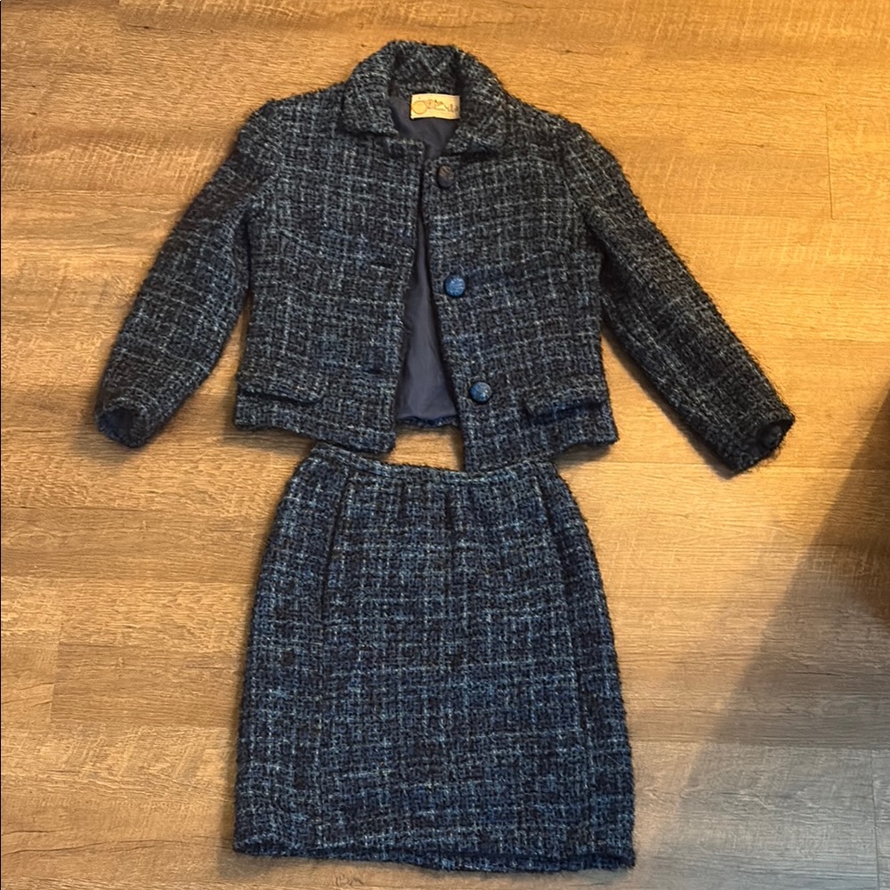Vintage pure wool tweed blazer and Skirt Set - black and blue
